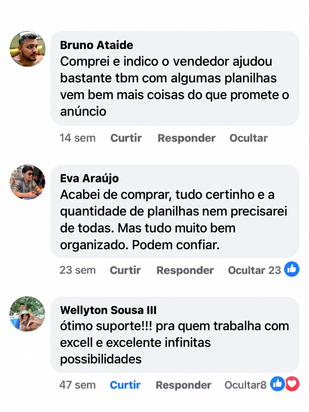 Bruno recomenda o vendedor; Eva elogia a organização das planilhas; Wellyton elogia o suporte.