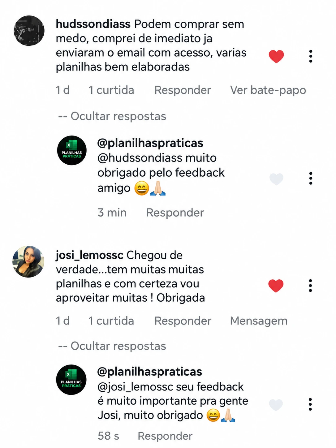 Hudsson relata o recebimento do acesso por e-mail; Josi destaca a variedade de planilhas.