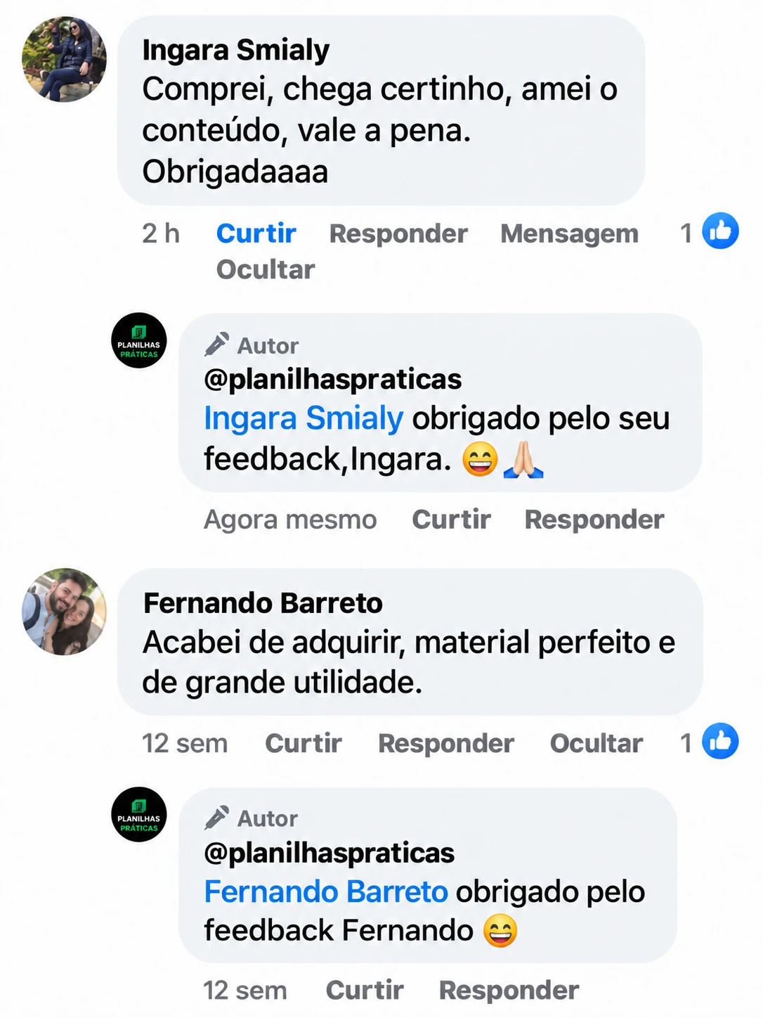 Ingara conta que recebeu o conteúdo e gostou; Fernando considera o material de grande utilidade.