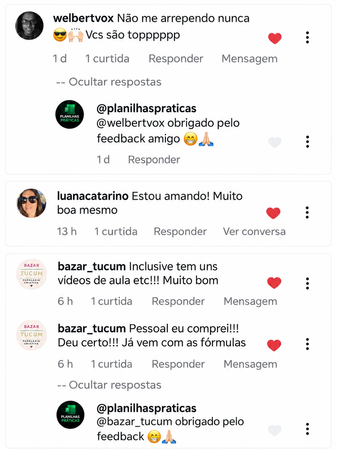 Welbert e Luana elogiam o material; Bazar Tucum comenta sobre as videoaulas e as fórmulas prontas.