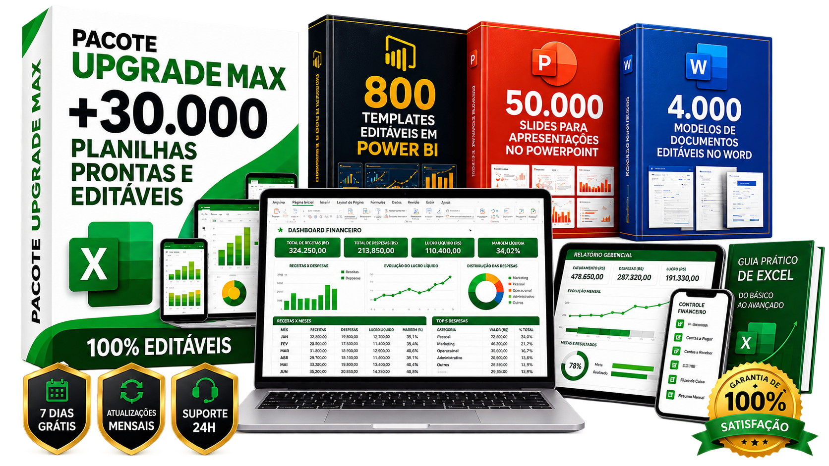 Pacote Upgrade Max com planilhas, Power BI, PowerPoint e Word