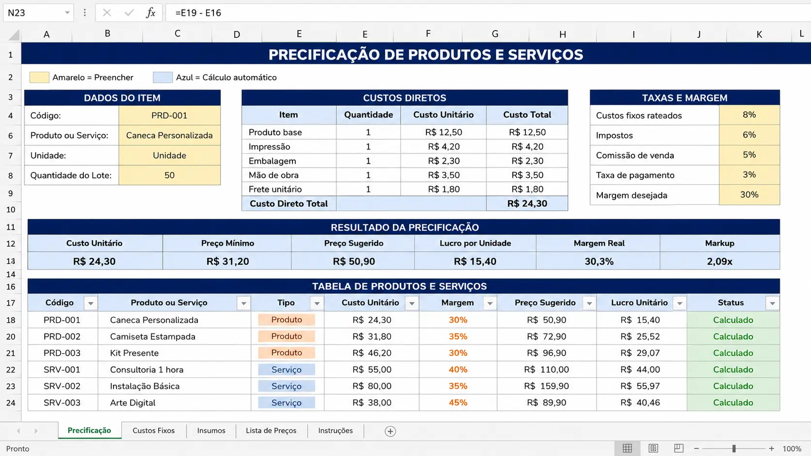 Planilha de Precificação de Produtos e Serviços