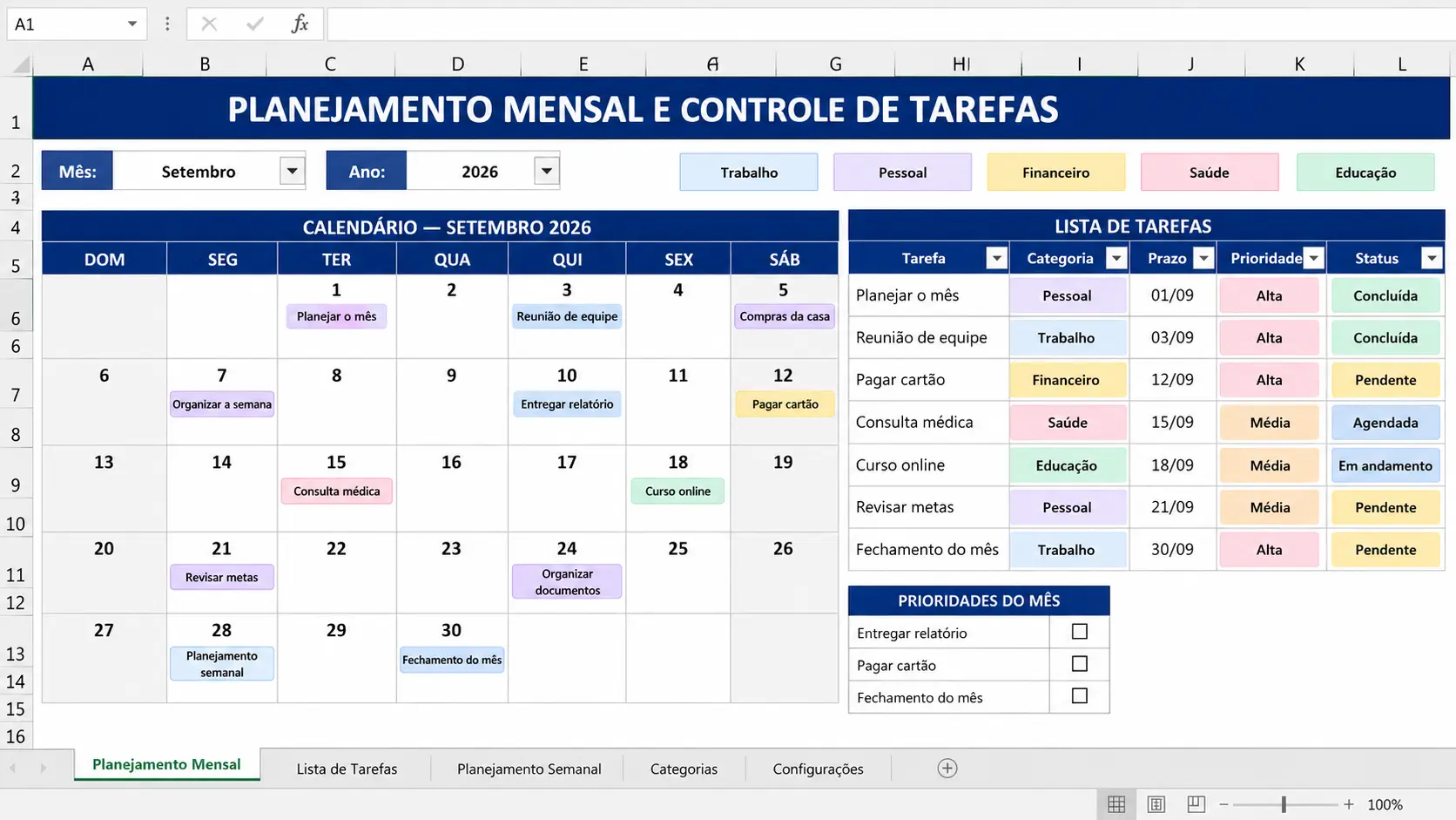 Planilha de Planejamento Mensal e Controle de Tarefas